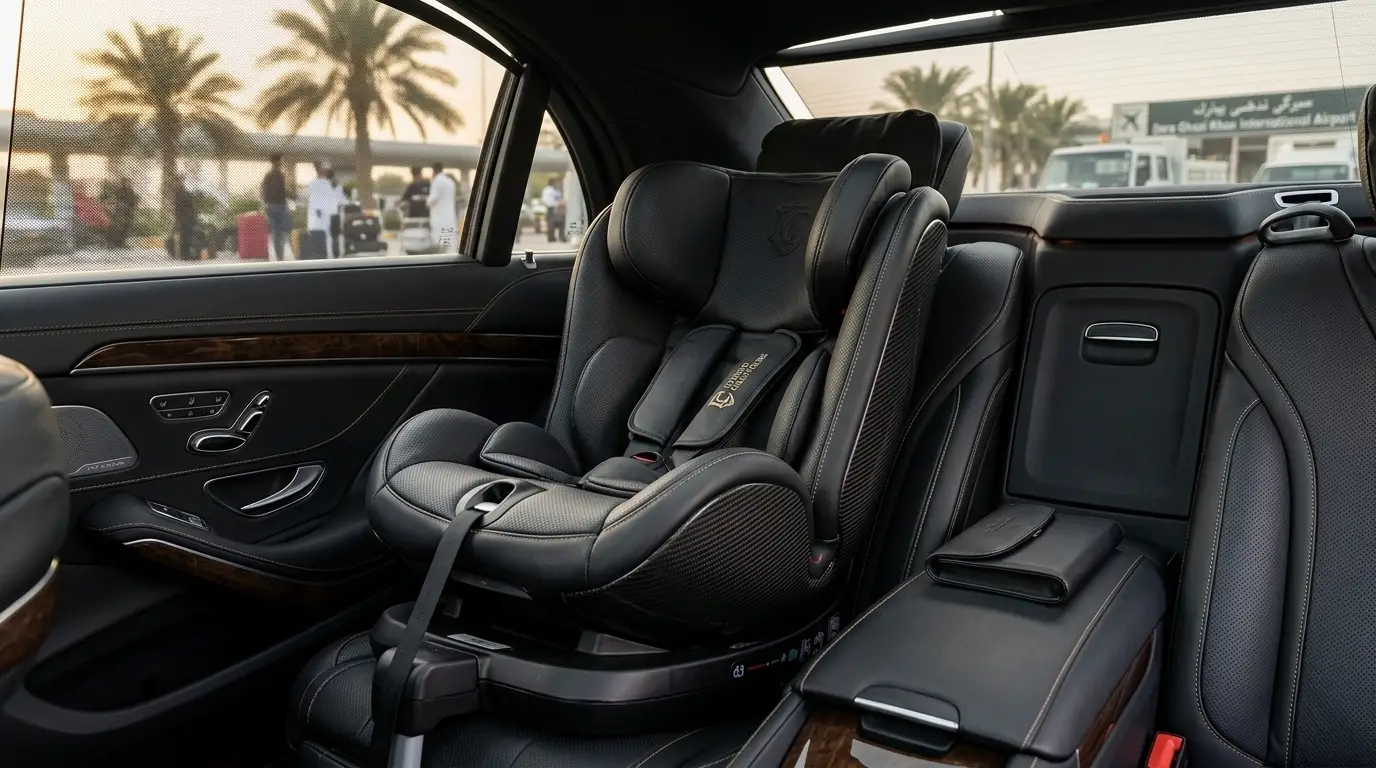 Luxury chauffeur vehicle prepared for family travel with child seating